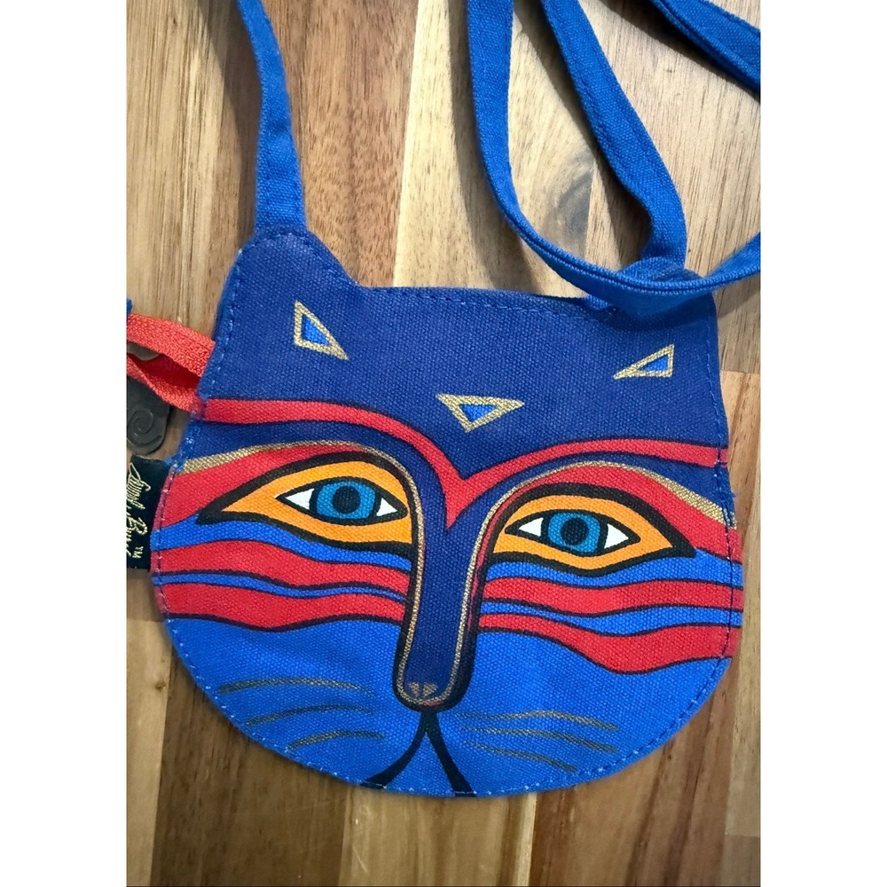 Laurel Burch Blue Canvas Cat Face Crossbody Bag Artistic Folk Art Small Purse